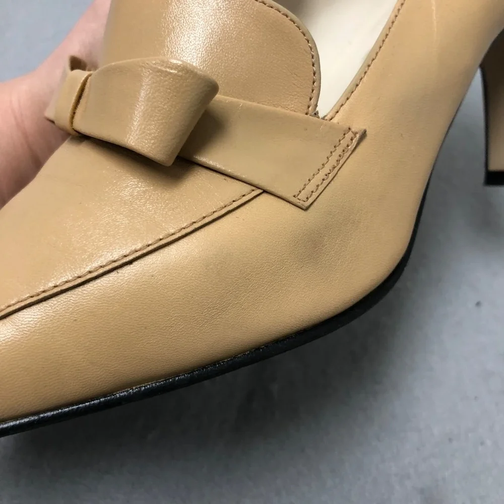 Vintage Apart Leather Pumps Womens 8.5 Beige Bow‎ Square Toe Business Career